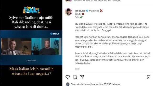 Sandiaga Uno: Sylvester Stallone Saja Pilih Bali, Kenapa Kita Justru Berwisata ke Luar Negeri?