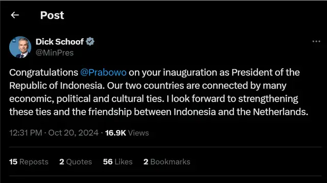 Ucapan PM Belanda Dick Schoof kepada Prabowo Subianto yang secara resmi telah dilantik sebagai presiden Republik Indonesia (Twitter).
