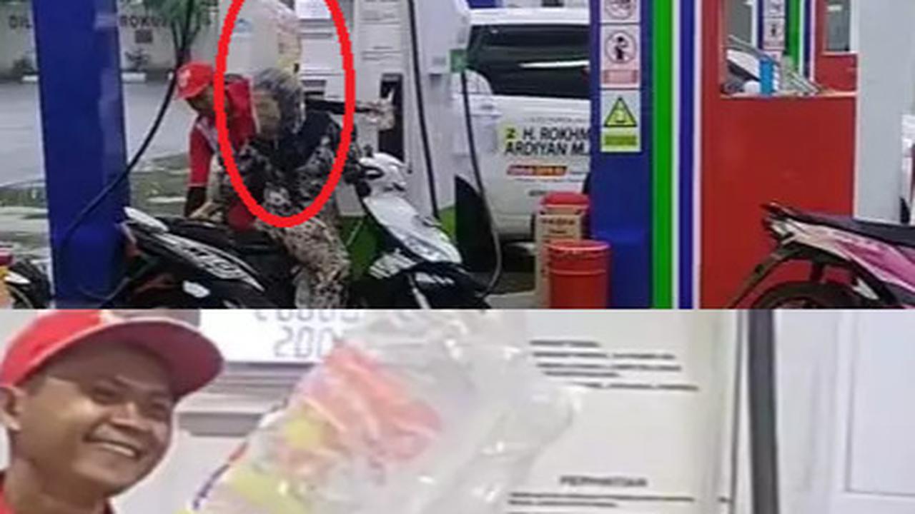Viral Aksi Nyeleneh Emak-Emak Pakai Plastik di Kepala agar Tak Kehujanan, Bikin Petugas SPBU Senyum-Senyum