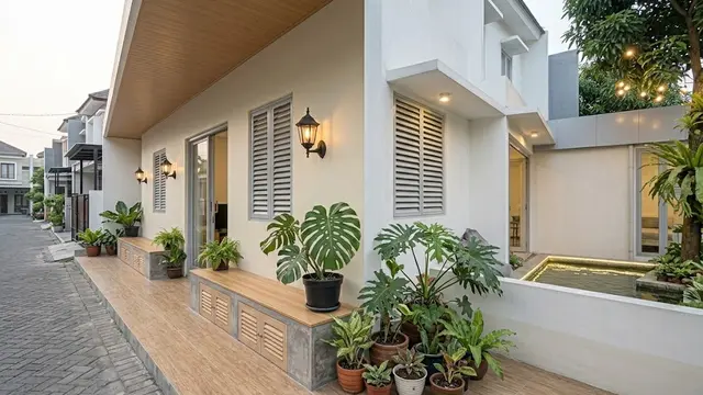 Teras Memanjang dengan Bench Kayu Menyatu di Sisi Rumah