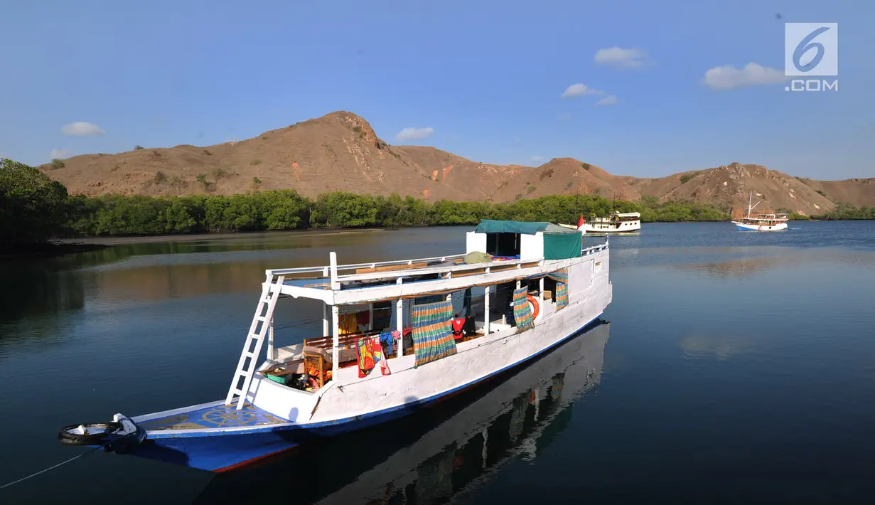 Perahu wisatawan ditambatkan pada sebuah teluk di Pulau Rinca, Taman Nasional Komodo, NTT, Minggu (14/10). Pulau Rinca merupakan bagian dari Situs Warisan Dunia UNESCO. (Merdeka.com/Arie basuki)