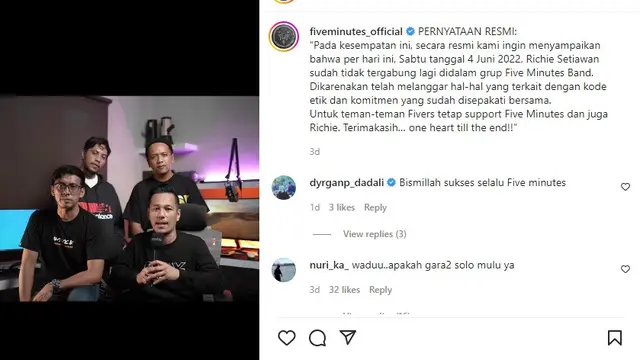 Five Minutes pecat Richie Setiawan (Foto: Instagram @fiveminutes_official)
