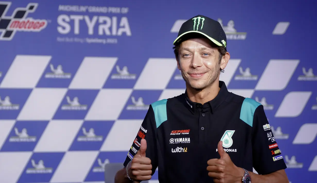 Pembalap Italia Valentino Rossi menghadiri konferensi pers jelang balapan motor MotoGP Grand Prix of Styria di Red Bull Ring di Spielberg, Austria, Kamis, 5 Agustus 2021. Valentino Rossi mendapatkan pada 2001, 2002, 2003, 2004, 2005, 2008 dan 2009. (AP Photo/Gerhard Schiel)
