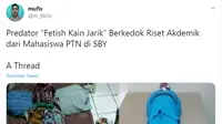 Viral sebuah kisah terkait Gilang dan riset anehnya yang meminta korban membungkus dirinya  seperti pocong. Korban pun membuat sebuah utas dengan nama Predator Fetish Kain Jarik Berkedok Riset Akademik dari Mahasiswa PTN di SBY. (Twitter)