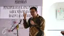 Gubernur DKI Jakarta, Basuki Tjahja Purnama berpidato pada peresmian Kapal Sabuk Nusantara 46 , Jakarta Utara, (28/1). Kapal ini melayani rute Sunda Kelapa, Pulau Ujung Jawa, Pulau Pramuka, Pulau Tidung, dan Pulau Kelapa. (Liputan6.com/Faizal Fanani)