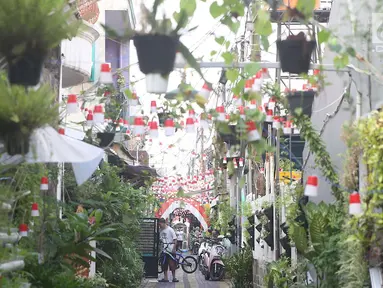 Suasana salah satu gang kampung hijau di kawasan Malakasari, Duren Sawit, Jakarta, Sabtu (15/9). Tingginya kesadaran masyarakat akan pentingnya tumbuhan membuat kawasan tersebut terlihat asri dan dipenuhi berbagai tanaman. (Liputan6.com/Immanuel Antonius)