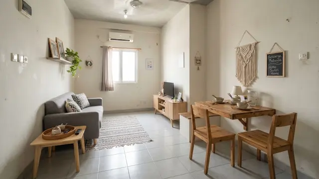Rumah kecil dengan ruang tamu dan ruang makan menyatu sehingga terlihat elegan untuk hunian KPR dan subsidi model meja makan menempel di dinding