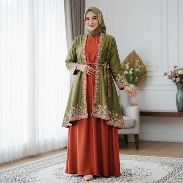 2. Gamis Outer Set Warna Earth Tone dengan Detail Bordir