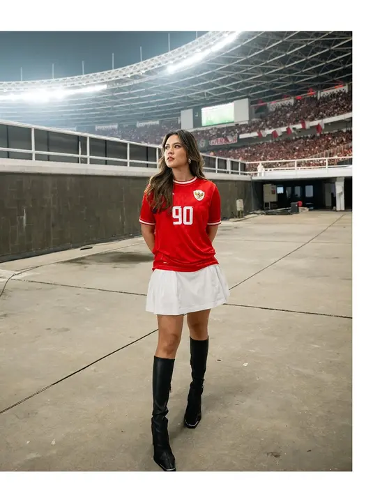 Tampilan Raisa mengenakan jersey ini pun terlihat lebih stylish dan feminin dengan paduan rok mini ruffle dan high boots hitam. [@raisa6690]