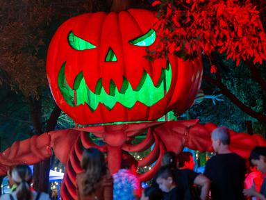 Sebuah labu Halloween raksasa terlihat saat festival labu di Parque Fundidora, Monterrey, Negara Bagian Nuevo Leun, Meksiko, pada 25 Oktober 2024. (Julio Cesar AGUILAR/AFP)