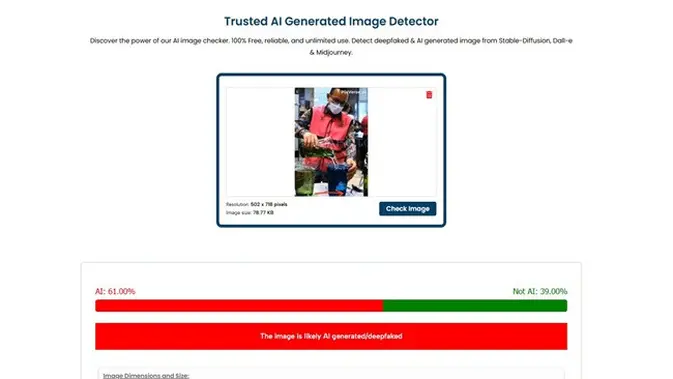 <p>Gambar tangkapan layar penelusuran foto menggunakan situs aidetectcontent.com.</p>