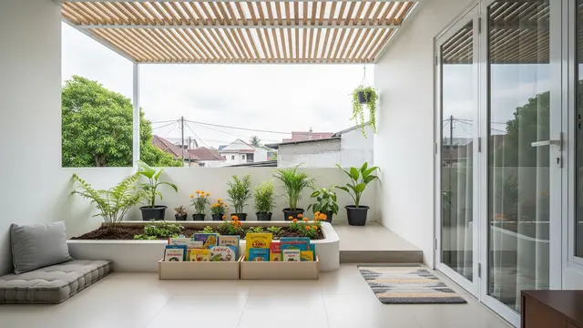 Desain Teras Ramah Balita dengan Kebun Mini Model Teras dengan Sudut Membaca dan Taman Mini