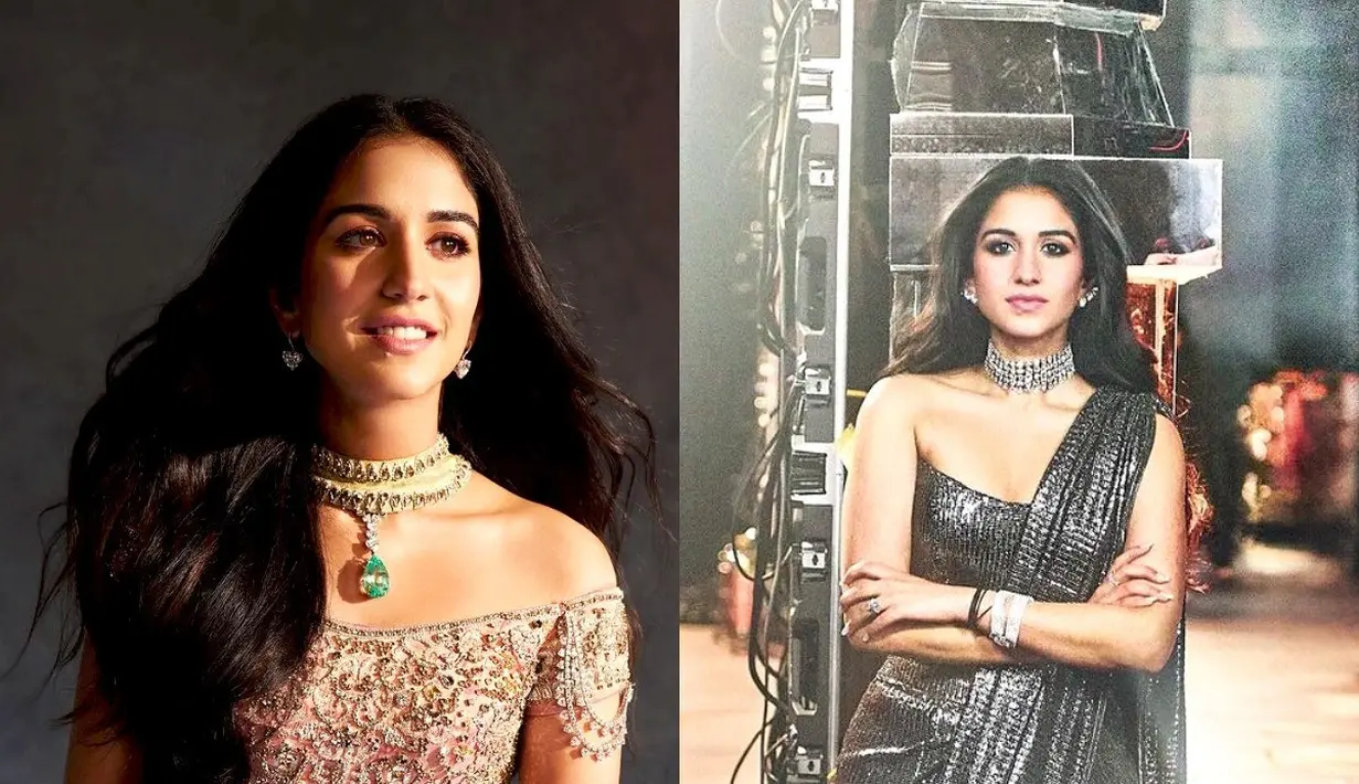 Untuk upacara Sangeet, Radhika Merchant  mengenakan lehenga krem ​​dan emas yang menampilkan blus bahu terbuka yang dihiasi kristal Swarovski, keliman pendek, dan desain yang pas dari rancangan Abu Jani Sandeep Khosla. [@rheakapoor].