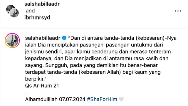 Unggahan Salshabilla Adriani. (Foto: Dok. Instagram @salshabillaadr)