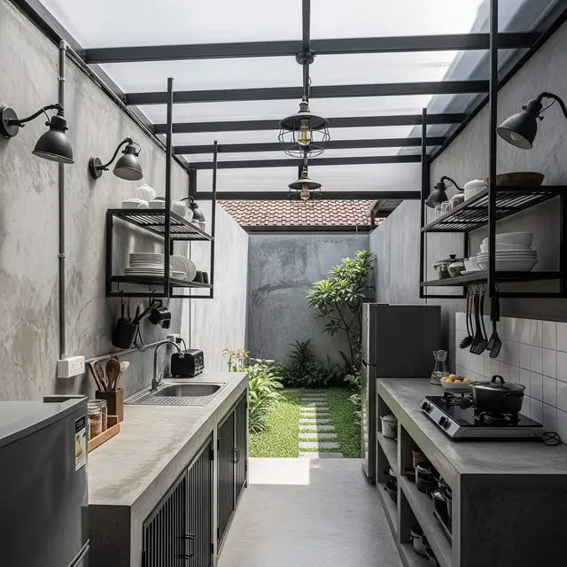 Ide Dapur Semi Outdoor dengan Taman Belakang
