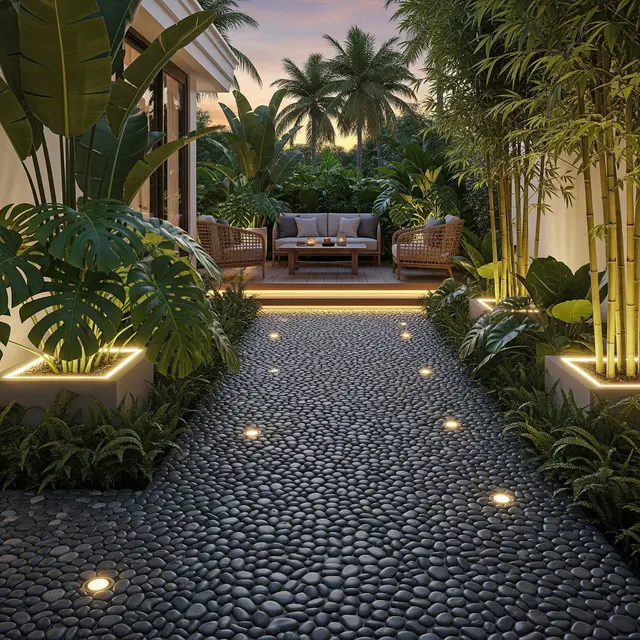 Desain Teras Ala Tropical dengan Batu Kerikil