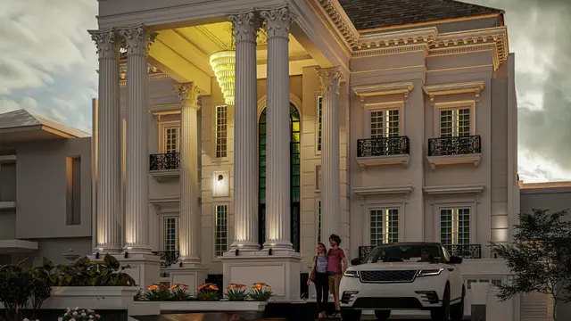 Teras Rumah Eropa Klasik dengan Pilar Tinggi (Foto: Instagram @rumaheropaluxury)