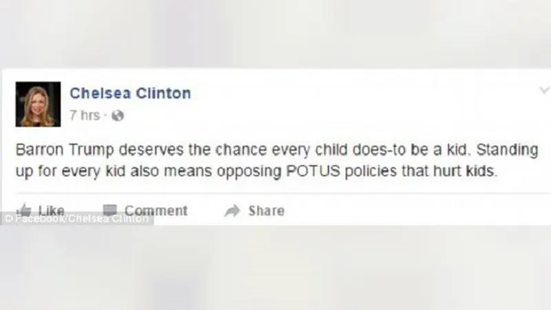 Postingan Chelsea di Facebook menunjukkan pembelaannya terhadap putra bungsu Trump, Barron