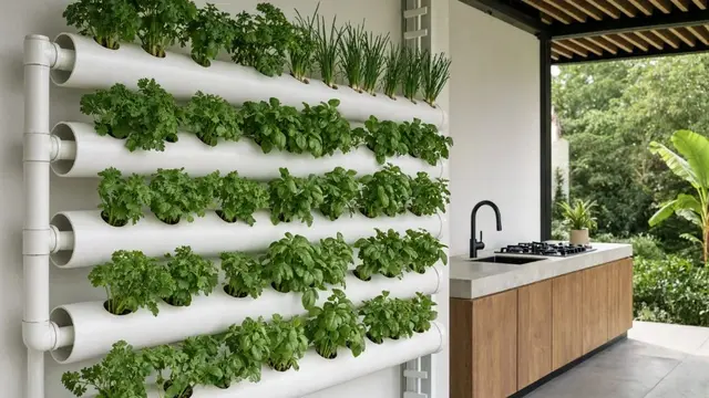 Ide Kebun Sayur Vertikal dari Paralon Bekas di Dapur Terbuka (AI Generated)