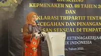 Launching Kepmenaker 88 Tahun 2023 serta Penandatanganan Deklarasi Triartit ini diselenggarakan di Aula Apindo Training Centre (ATC) Jakarta pada hari ini Kamis,1 Juni 2023.(Dok Kemnaker)