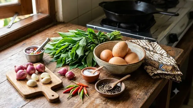 Bahan-Bahan Resep Telur Dadar Daun Singkong (AI Generated)