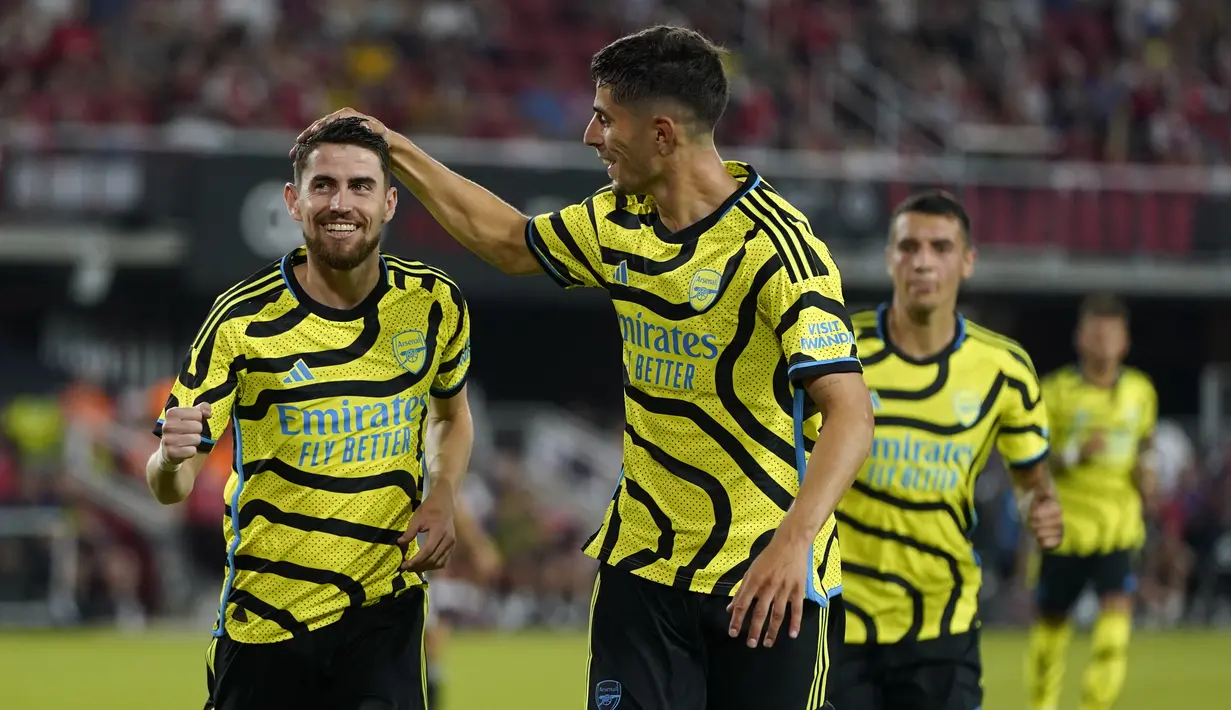 Gol-gol Arsenal dicetak oleh Gabriel Jesus, Leandro Trossar, Jorginho, Gabriel Martinelli dan Kai Havertz.  (AP Photo/Alex Brandon)