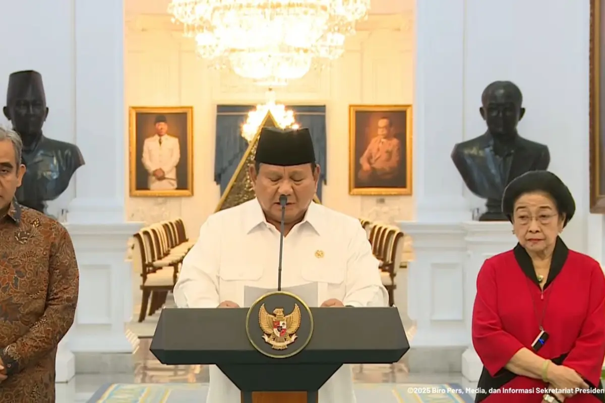 Presiden Prabowo Subianto saat juma pers di Istana Kepresidenan Jakarta, Minggu (31/8/2025).