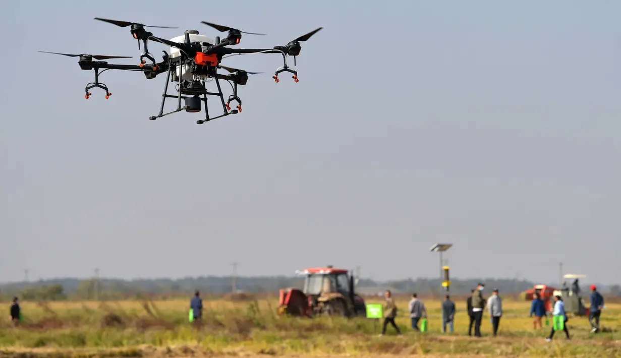 Drone untuk perlindungan tanaman terlihat dalam acara peragaan pertanian cerdas di Kota Jiangxiang di Wilayah Nanchang, Provinsi Jiangxi, China pada 14 November 2020. Beragam alat pertanian yang diproduksi oleh lebih dari 20 perusahaan ditampilkan di acara tersebut. (Xinhua/Peng Zhaozhi)