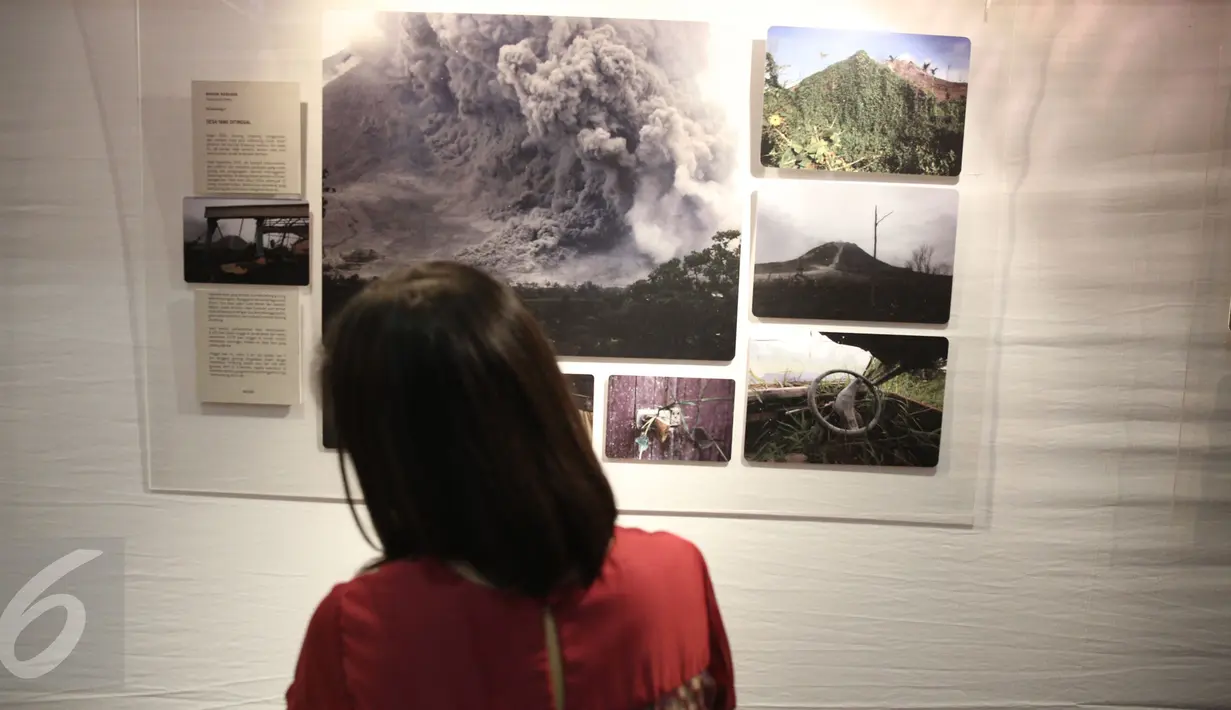 Pengunjung memperhatikan karya foto pada pameran foto Anugerah Pewarta Foto Indonesia (APFI) ke-VI di Gedung De Vries, Bandung, Sabtu (9/4). APFI 2016 memamerkan 25 foto tunggal dan tiga foto seri terbaik sepanjang  2015. (Liputan6.com/Faizal Fanani)