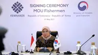 Menaker Ida Fauziyah dan Menteri Kelautan dan Perikanan Republik Korea, Seong-Hyeok Moon, secara virtual pada Senin (31/1/2021).