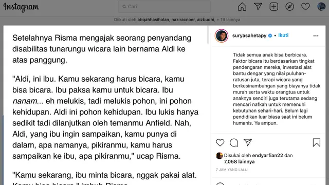 Unggahan aktor Surya Sahetapy soal Menteri Risma. (Foto: Dok. Instagram @suryasahetapy)