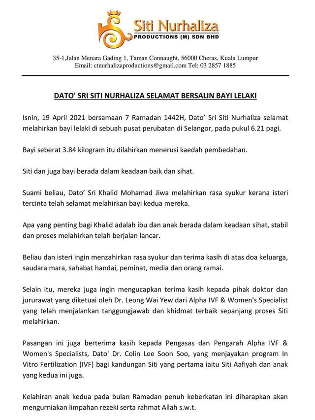 Siti Nurhaliza Melahirkan Bayi Laki Laki di Usia 42 Tahun 