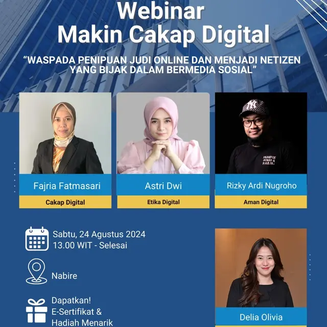 Dalam rangka kampanye Gerakan Nasional Literasi Digital di Indonesia, Kemenkominfo menyelenggarakan Workshop Literasi Digital secara luring di Nabire, Papua Tengah, 24 Agustus 2024 dengan mengangkat topik “Menjadi Netizen Yang Bijak dalam Bermedia Sosial”