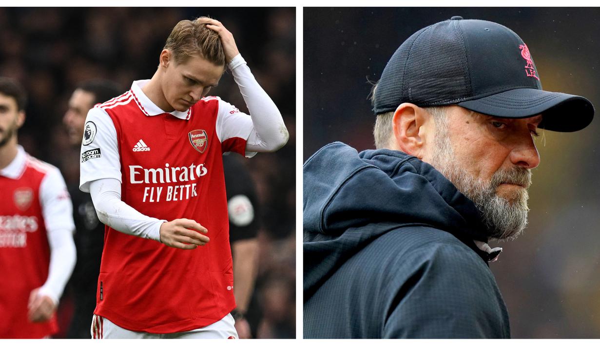 <p>Foto Kolase: Reaksi kecewa pemain Arsenal, Martin Odegaard (kiri) dan pelatih Liverpool, Jurgen Klopp setelah timnya mengalami kekalahan pada pekan ke-22 Liga Inggris 2022/2023, Sabtu (04/02/2023). (AFP/Paul Ellis dan AP via PA/Tim Goode)</p>