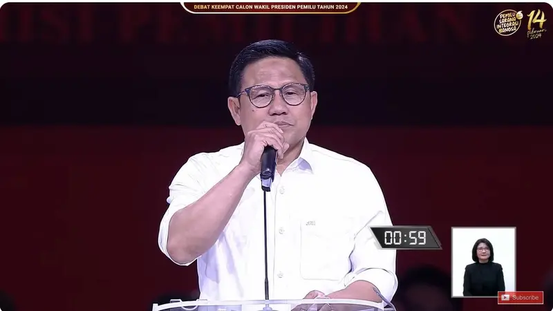 Calon Wakil Presiden (Cawapres) nomor urut 01 Muhaimin Iskandar alias Cak Imin (Gus Imin) saat debat cawapres Pilpres 2024 yang digelar di JCC Senayan, Jakarta, Minggu (21/1/2024).