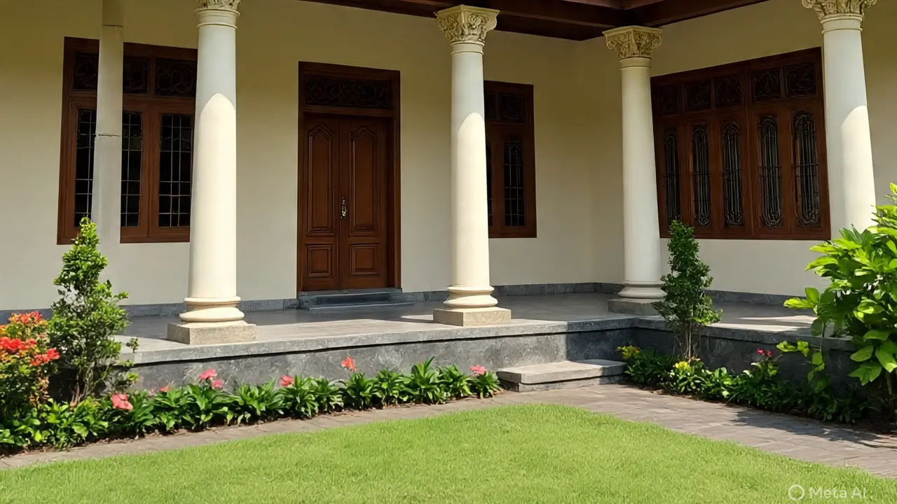 Desain Rumah Gaya Klasik Eropa dengan Pilar Megah. Meta AI