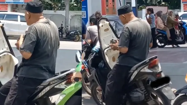 Kakek isi bensin motor sambil makan (TikTok/@ayah_febby)