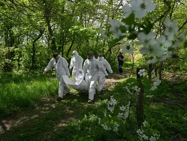 Pakar forensik Ukraina membawa jenazah seorang tentara Rusia yang digali di Desa Zavalivka, sebelah barat Kiev, Ukraina, 11 Mei 2022. Jenazah tersebut akan disimpan dalam gerbong berpendingin. (Sergei SUPINSKY/AFP)