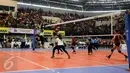 Pemain voli Jakarta Elektrik PLN bersiap melakukan smash saat pertandingan melawan Jakarta Pertamina Energi di Grand Final Proliga 2017 di GOR Among Rogo, Yogyakarta (23/4). (Liputan6.com/Johan Tallo)