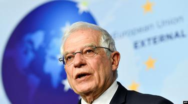 Pejabat Uni Eropa untuk Urusan Luar Negeri dan Kebijakan Keamanan Josep Borell dalam konferensi pers setelah pertemuan Menteri Luar Negeri Uni Eropa membahas situasi di Libya dan Iran, di kantor pusat Uni Eropa, Brussels, Belgia, 7 Januari 2020.