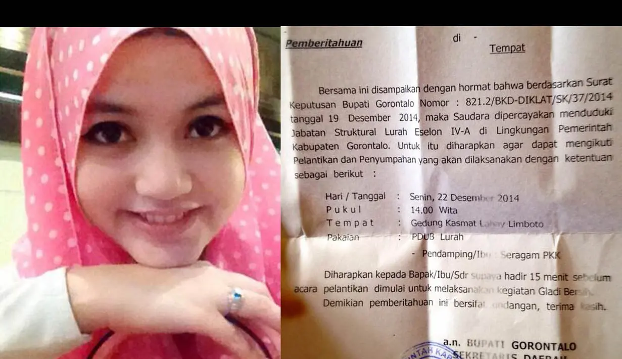 Dalam akun Twitter pribadi bernama @ghemallahamid, memposting sebuah gambar yang berisi surat dari Bupati Gorantalo yang mengundang Nurmala untuk mengikuti pelantikan sebagai lurah pada 22 Desember 2014. (twitter.com/ghemallahamid)