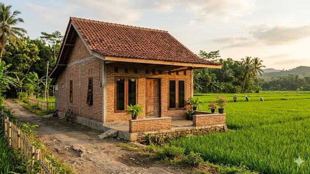 Contoh Rumah Sederhana di Desa Dekat Persawahan dan Jalan Desa