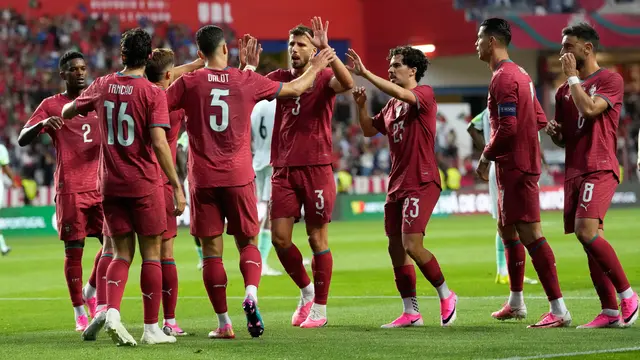 Timnas Portugal merayakan golnya ke gawang Timnas Nigeria di laga uji coba di Estadio Dr. Magalhaes Pessoa, Leiria, Portugal, Kamis (11/06/2026) dini hari WIB.