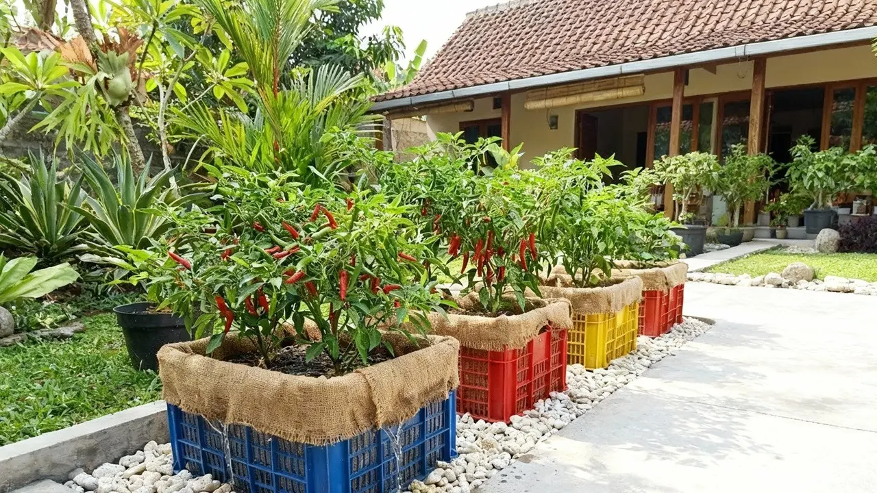Desain Kebun Cabai Pakai Keranjang Plastik Bekas Anti Becek