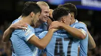 Selebrasi Erling Haaland dkk. usai mencetak gol dalam laga Manchester City vs Napoli di Liga Champions 2025/2026, Jumat (19/9/2025).&nbsp;(AP Photo/Dave Thompson)