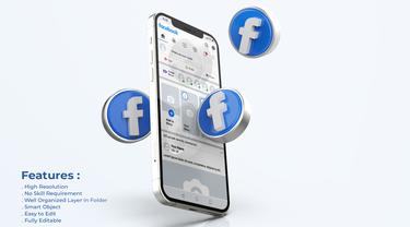 Facebook on mobile phone mockup with 3d icons.