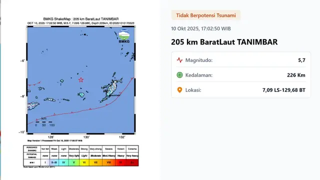 Gempa jelang akhir pekan, Jumat (10/10/2025) pukul 17:02:50 WIB menggetarkan wilayah Tanimbar, Provinsi Maluku.