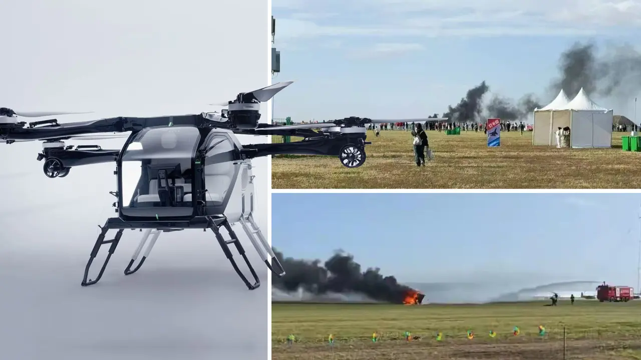 Momen latihan pesawat listrik Xpeng eVTOL di China yang berakhir tabrakan jelang Changchun Air Show 2025. (CarNewsChina)