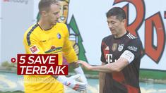 Berita video 5 save terbaik yang terjadi pada pekan ke-33 Bundesliga 2020/2021, salah satunya aksi dari kiper Freiburg saat menghalau tembakan Robert Lewandowski.