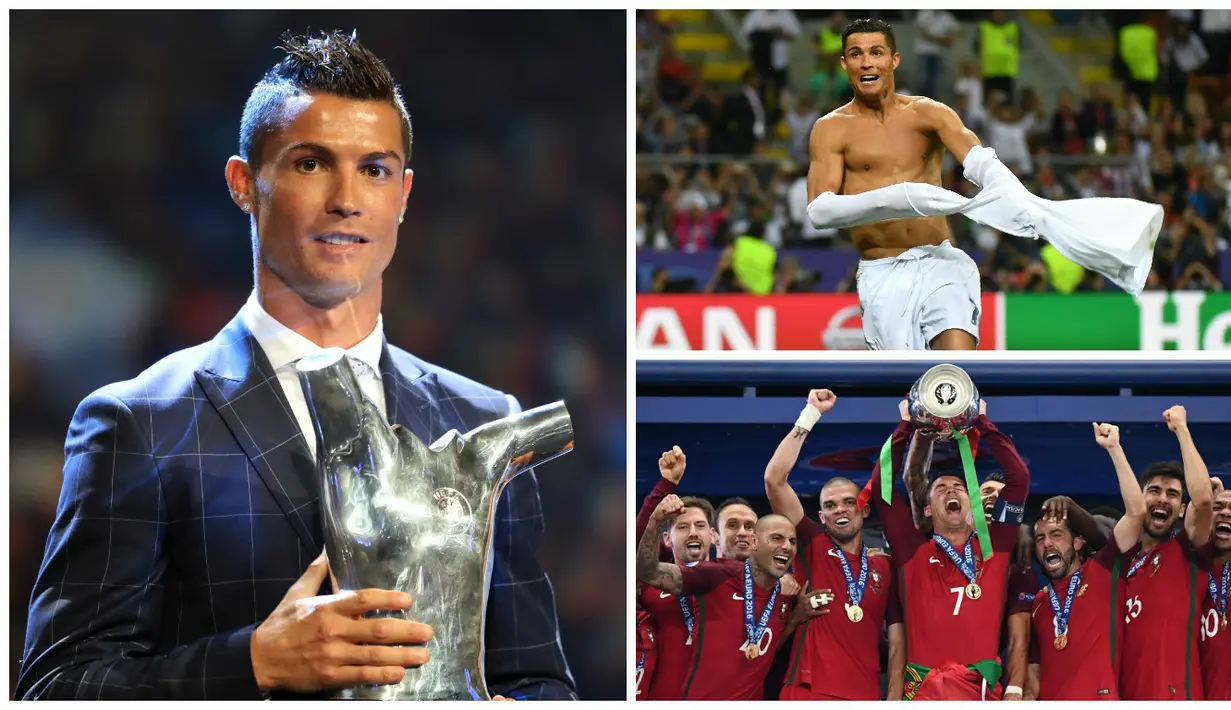 Bintang Real Madrid, Cristiano Ronaldo, meraih penghargaan UEFA Best Player in Europe 2015-2016, Kamis (25/8/2016). Berikut perjalanan manis CR 7 selama musim 2015-2016. (AFP)